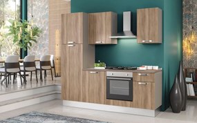 Cucina montata Dora rovere chiaro, lavello a destra, L 225 cm, completa di: cappa a camino, piano cottura a gas, forno, frigorifero