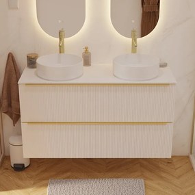 Mobile bagno sospeso Neo Groove L 121 x H 68 x P 49 cm, 2 cassetti con maniglia champagne, top e 2 lavabi da appoggio Studio in ceramica bianco opaco inclusi, lino cannettato