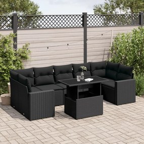 Set divani da giardino con cuscini 8 pz nero in polyrattan