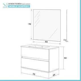 Mobile bagno sospeso 70 rovere naturale completo con 2 cassetti Nadia