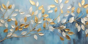 Quadro su tela – Foglie oro-bianche su sfondo blu