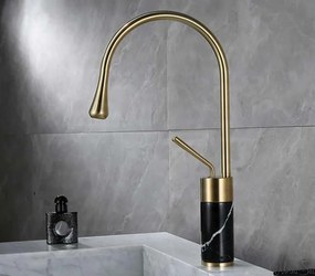 Miscelatore per lavabo EYN BF0954 da piano in ottone con bocca girevole, in più finiture tra cui oro — Oro spazzolato - marmo bianco — 34 cm