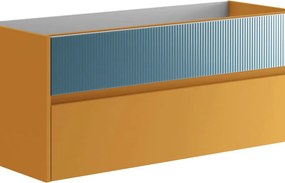 Mobile da bagno sospeso sotto lavabo Niwa 2 cassetti ideale per doppia vasca L119.5 x H50 x P45.5cm senape e blu pacifico cannettato