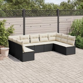 Set divani da giardino 9 pz con cuscini nero in polyrattan