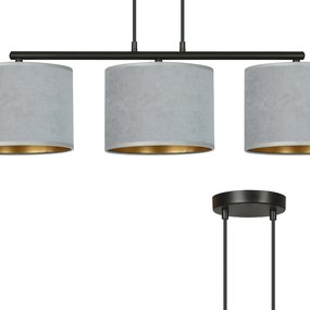 Lampadario 3 Luci Ganesha In Acciaio Nero E Paralumi In Tessuto Grigio