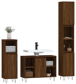 Set mobili da bagno 3 pz rovere marrone in legno multistrato