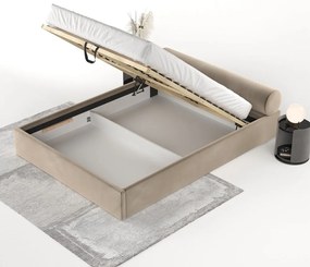 Letto matrimoniale imbottito marrone chiaro con contenitore e rete inclusi 180x200 cm Solvo – Maison de Rêve