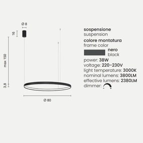 Lampada a sospensione con cerchio orizzontale in metallo Nero 80 cm NOVA