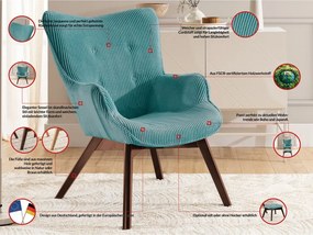 Poltrona con poggiapiedi turchese con rivestimento in velluto a coste Niko – Ropez