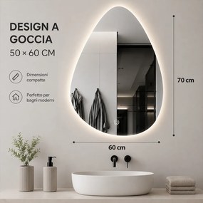 Specchio a Goccia 60x70 cm LED a 3 Colori Dimmerabile Accensione Touch...