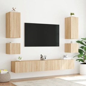 Mobili tv a muro 6pz con luci led rovere sonoma