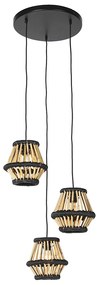 Lampada a sospensione orientale in bambù con paralume rotondo nero 3 luci - Evalin