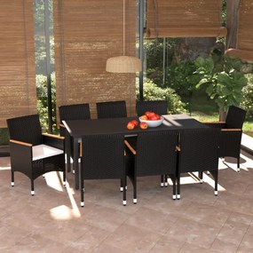 Set pranzo da giardino 9 pz con cuscini in polyrattan nero