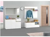 Mobile da ingresso portascarpe, Made in Italy, Entratina con appendiabiti e scarpiera, Porta TV, cm 120x40h54, Bianco lucido e Acero