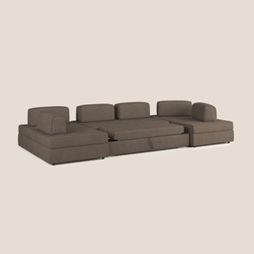 Liberty divano panoramico con pouf estraibile e schienali movibili in tessuto morbido impermeabile T02 marrone