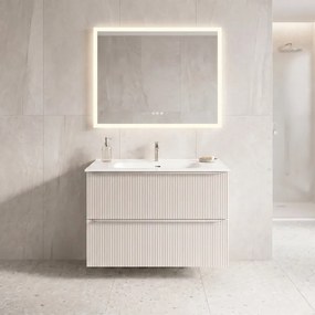 Mobile bagno sospeso Neo Groove L 91 x H 66 x P 49 cm, 2 cassetti con maniglia cromo, lavabo in ceramica con vasca centrale Maya incluso, lino cannettato