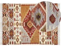 Tappeto Kilim multicolore in lana e cotone 160 x 230 cm Fatto a mano con motivo Boho e frange