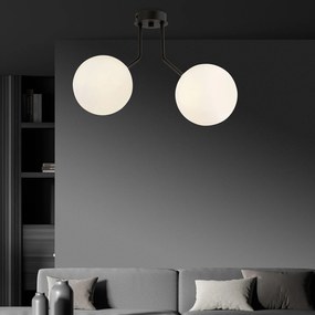Plafoniera Moderna 2 Luci Orione In Acciaio Nero E Sfere Vetro Opale