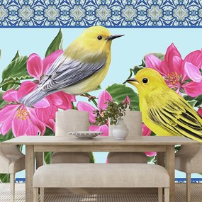 Carta da parati – Uccellini e fiori in stile vintage