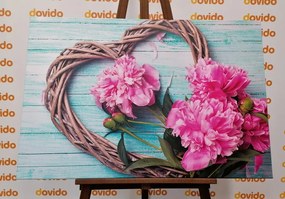 Stampa su tela – Peonie su cuore di legno