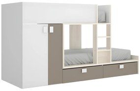 Letto a castello 2 x 90 x 190 cm  - Armadio integrato - Bianco, Naturale e Tortora - JUANITO