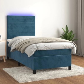 Letto A Molle Con Materasso E Led Blu Scuro 90x190cm İn Velluto /