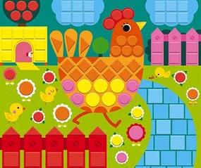 3 carte da decorare con più di 260 mosaici in schiuma et 1 libretto con istruzioni e modelli.