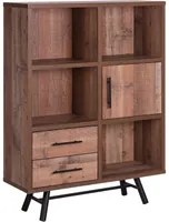 Libreria in Legno Chiaro con Gambe Nere 131 cm 2 Cassetti 1 Mobiletto 4 Ripiani Rustico