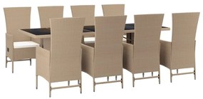 Set da pranzo da giardino 9 pz con cuscini beige in polyrattan