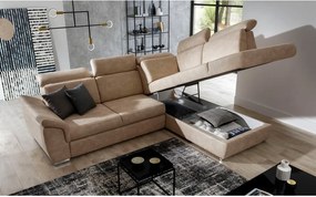 Divano angolare beige allungabile/con contenitore (con penisola a destra/a L) e rivestimento in velluto Loreto – ELTAP