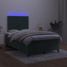 Letto a molle con materasso e led verde scuro 120x190cm velluto