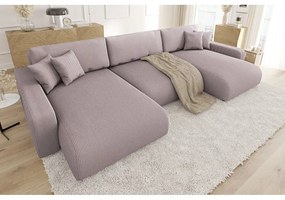 Divano angolare rosa chiaro allungabile/con contenitore (a U) con rivestimento in velluto a coste Sara – Ropez