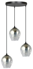 Lampadario 3 Luci Fuxi Base Tonda In Acciaio Nero E Vetri Fumè
