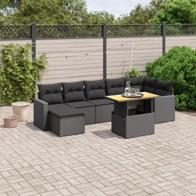 Set divani da giardino con cuscini 8 pz nero in polyrattan