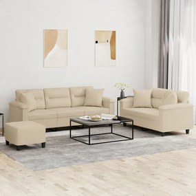 Set Divani 3 Pz Con Cuscini Crema İn Tessuto Microfibra /