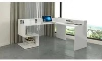 Scrivania Dcharpentie, Scrittoio angolare con ripiani portaoggetti, Scrivania ufficio multiuso con sopralzo, 180x60h93 cm, Bianco