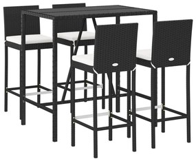 Set bar da giardino 5 pz con cuscini in polyrattan nero