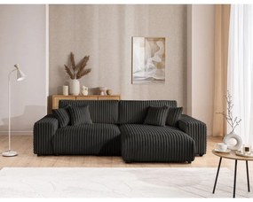 Divano angolare con penisola a destra grigio scuro e rivestimento in velluto a coste allungabile e con contenitore Sarina – Ropez