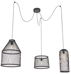 Lampada a sospensione da esterno rustica in rattan nero 3 luci - Calamus