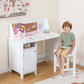 Costway Set di scrivania e sedia per bambini in legno con scaffale armadietto bacheca, Postazione di scrittura Bianco