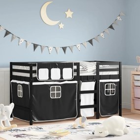Letto A Soppalco Con Tende Bambini Bianco E Nero 90x200 Cm Pino /
