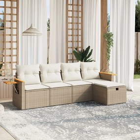 Set Divano da Giardino 5 pz con Cuscini Beige in Polyrattan