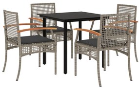 Set da pranzo da giardino 5 pz con cuscini in polyrattan grigio