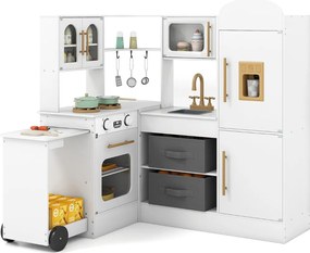Costway Cucina ad angolo con luci e suoni set da gioco interattivo in legno con lavabo, Cucina ad angolo set giocattolo per bambini 3+ anni 2 Colori