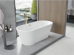 Mexen Yara vasca da bagno autoportante scanalata 170 x 75 cm, bianca, troppo pieno oro spazzolato - 52861707500-55