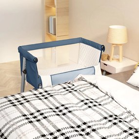 Lettino Per Bambini Con Materasso Blu Marino İn Tessuto Di Lino /