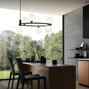 Lampadario Contemporaneo Ring Metallo Nero 6 Luci E Diffusori Bianchi