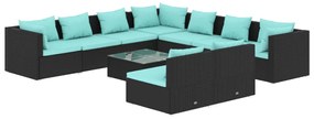 Set Salotto da Giardino 10pz con Cuscini in Polyrattan Nero