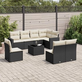 Set divani da giardino 9 pz con cuscini nero in polyrattan