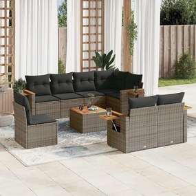 Set divano da giardino 9 pz con cuscini grigio in polyrattan